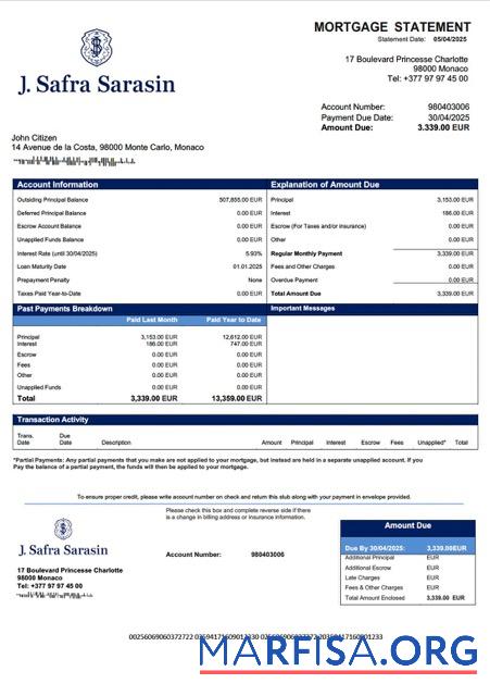 Blank Monaco Banque J. Safra (Monaco) mortgage statement Word and PDF template